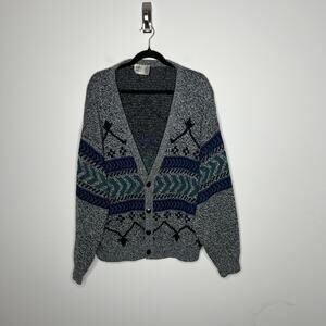 Robert Bruce Geometric Knit Cardigan Sweater Mens Large Gray Grandpa Aztec Vtg